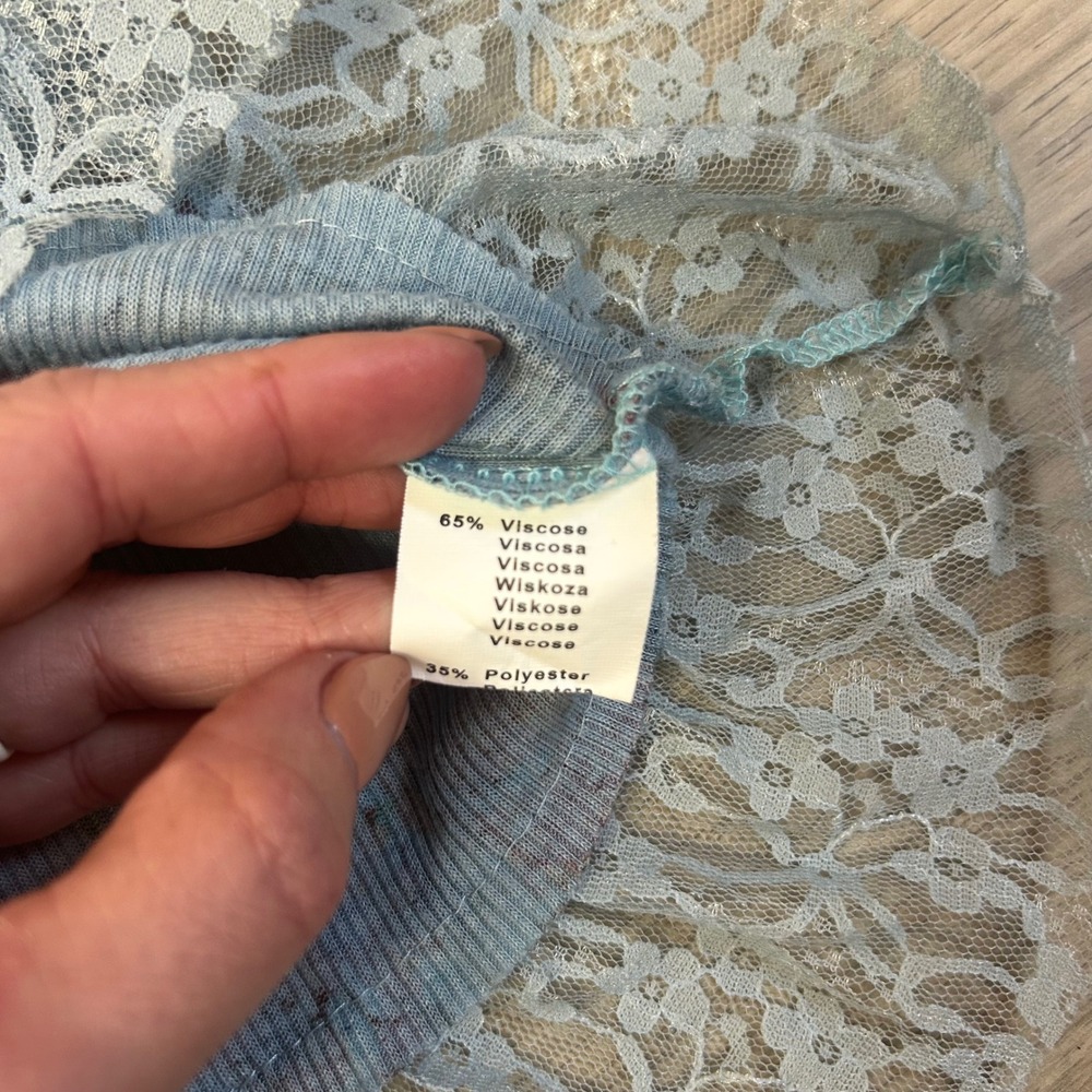 Miss SaSa Blue Floral Lace Trim Tank Top Racerback Henley Coquette Cottagecore L - Picture 5 of 5